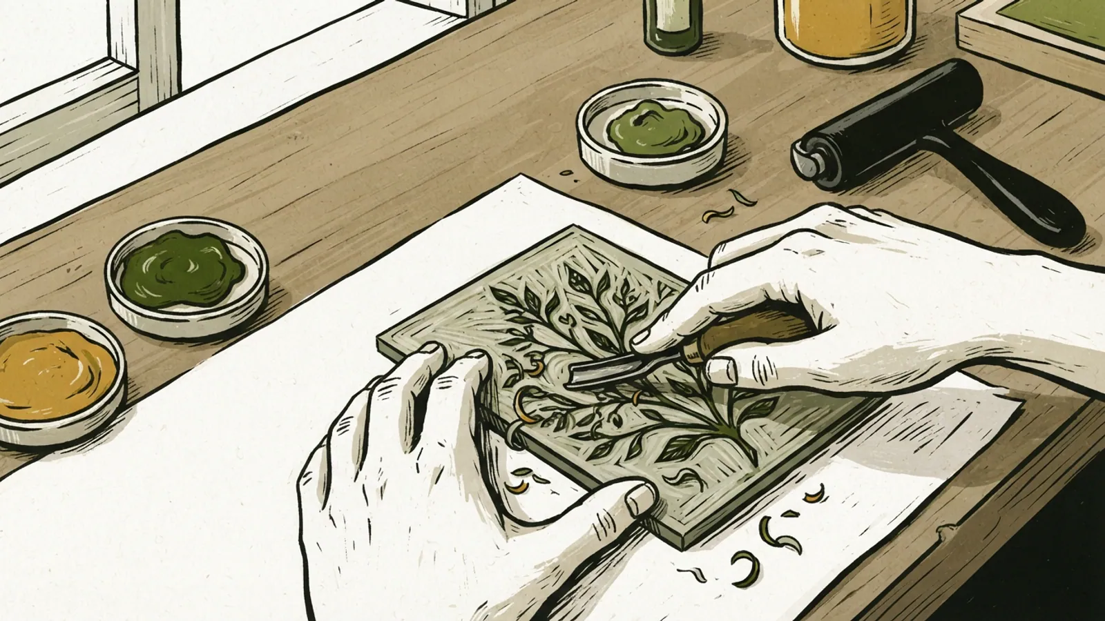 A close-up of hands carving a linoleum block with a gouge tool.