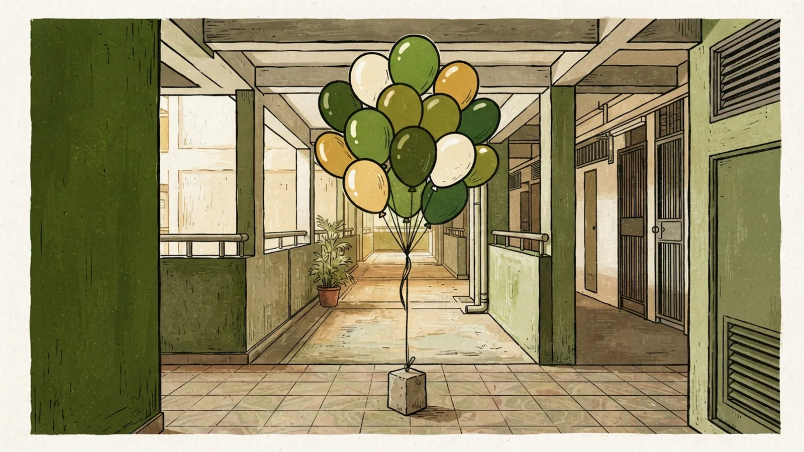 A vibrant cluster of balloons floats gently in a sunlit HDB corridor.