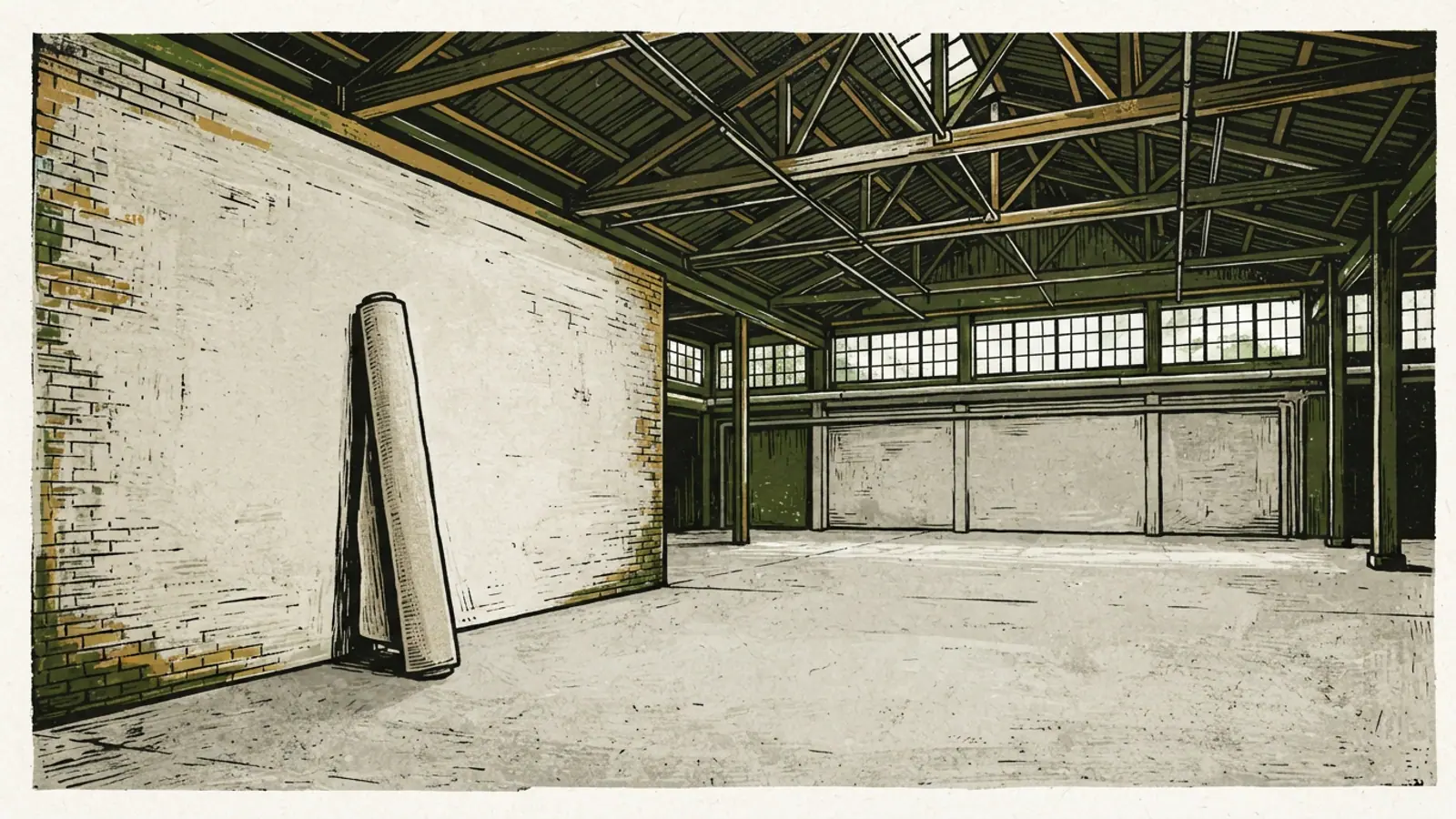 An empty, expansive industrial warehouse with high ceilings and a concrete floor.