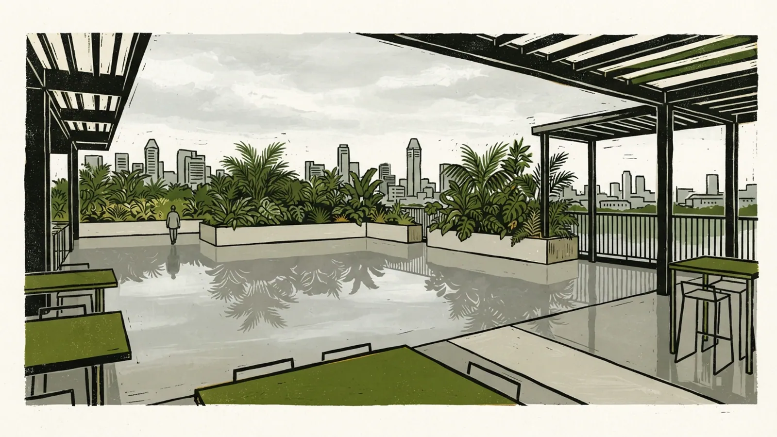 A contemporary rooftop event space with planters, tropical foliage, and a person walking.