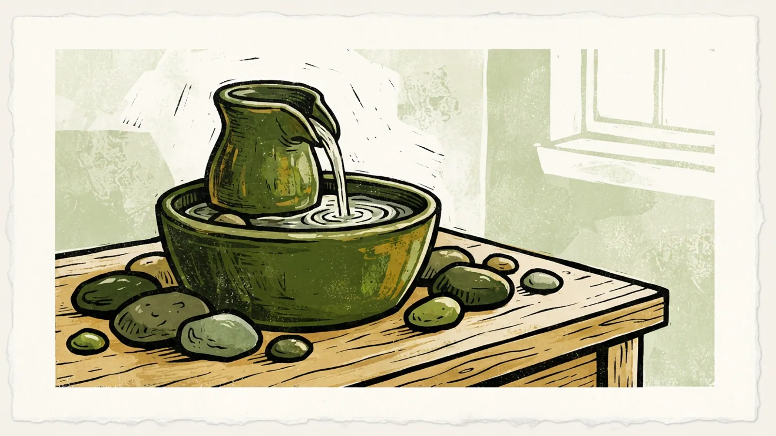 A small, unlabelled ceramic water fountain with trickling water and pebbles.