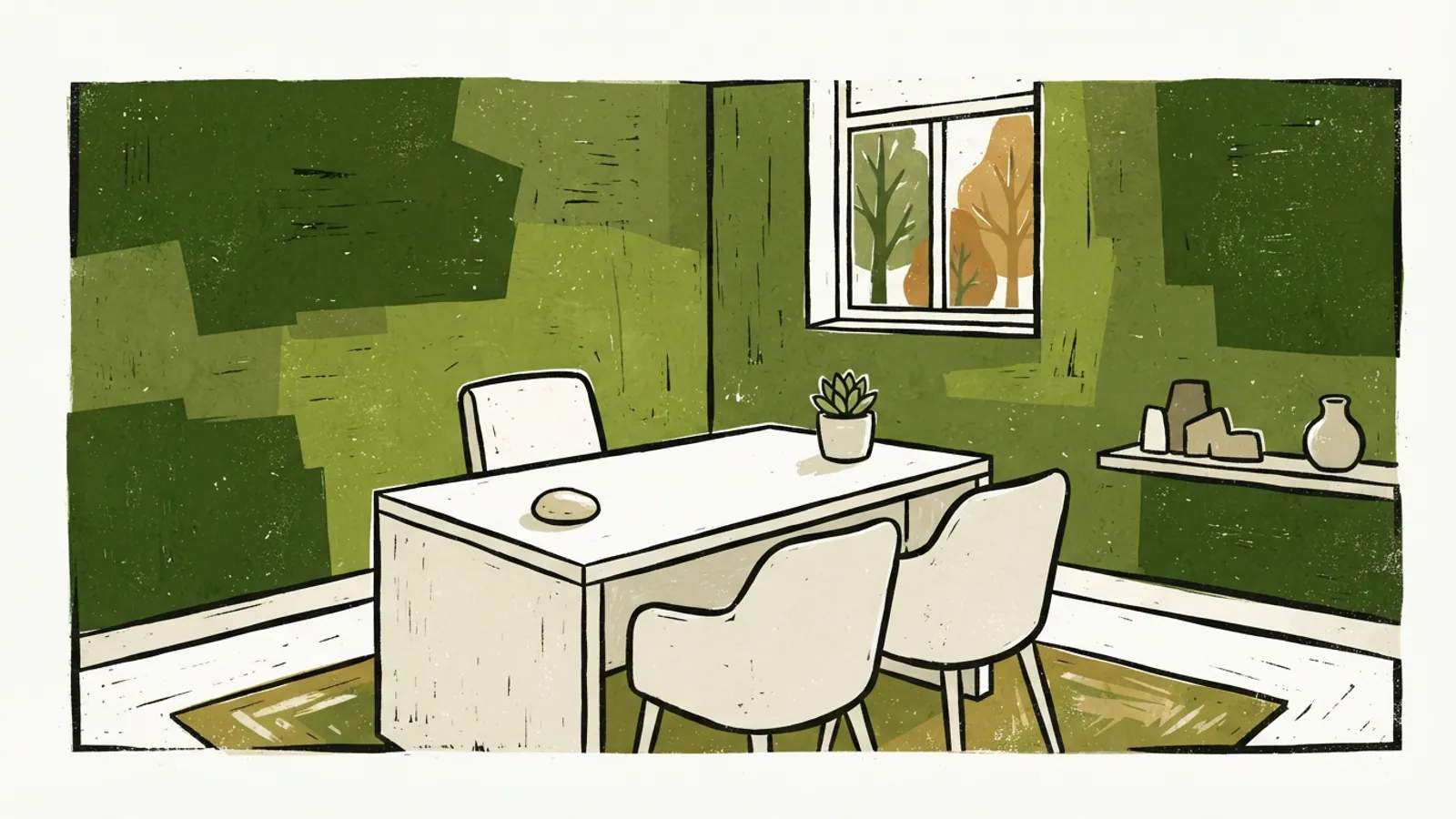 An empty consultation room with a plain desk, pebble, and succulent plant.