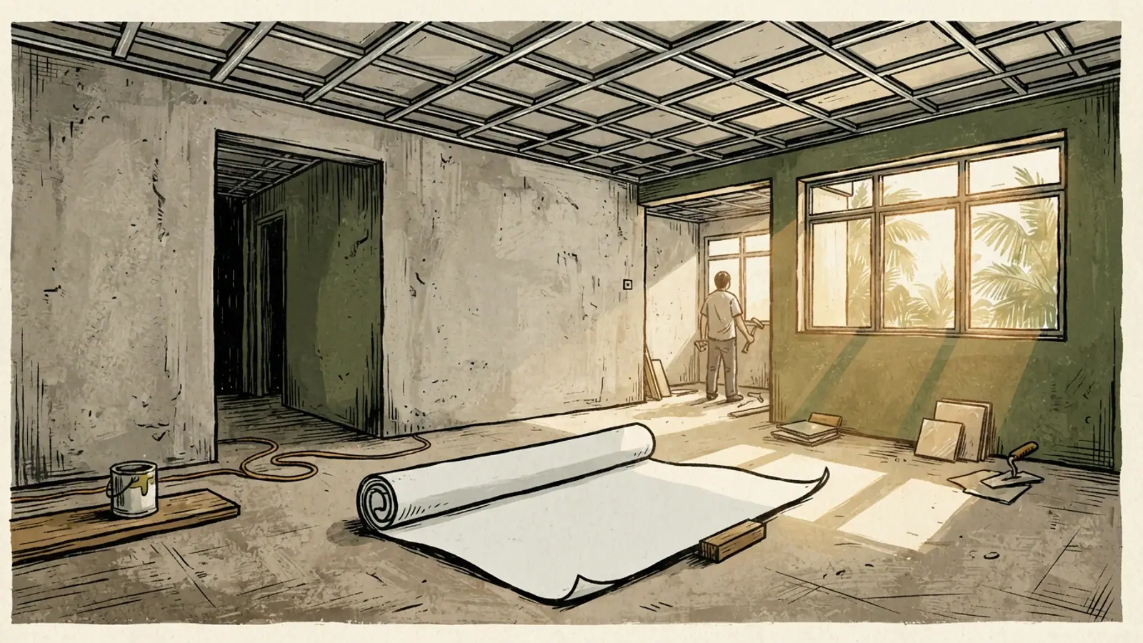 An empty HDB living room under renovation with concrete walls and ceiling framework.
