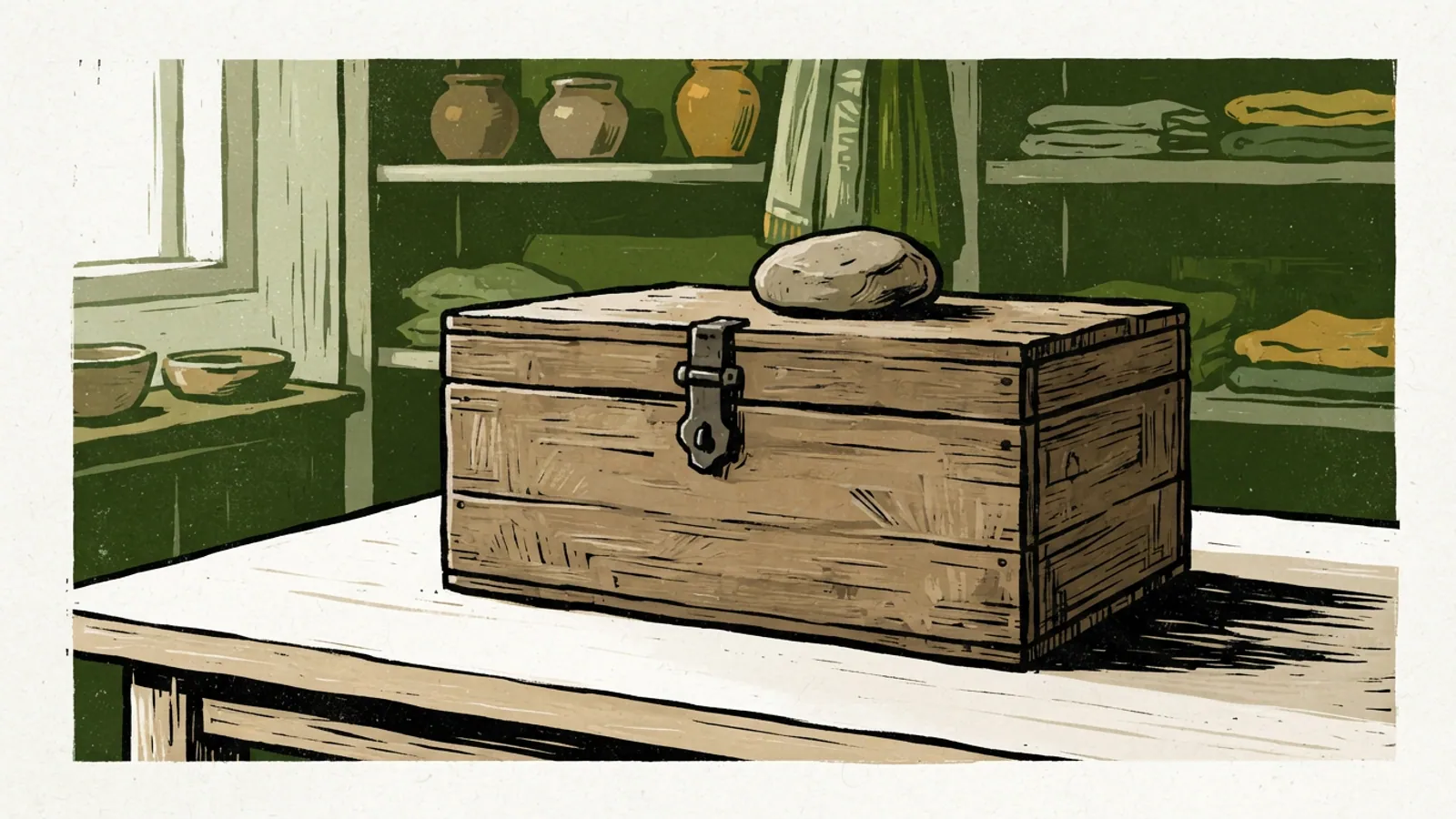 A plain wooden chest with a metal clasp and a stone on top, resting on a table.
