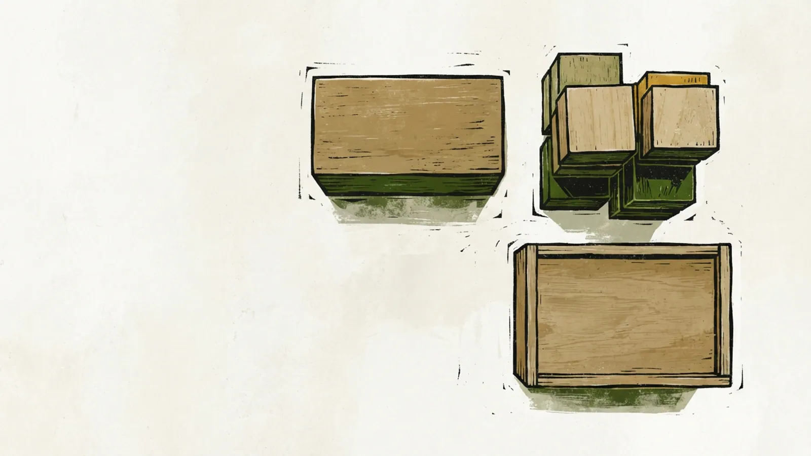 An overhead view of plain wooden blocks and a closed wooden box on a surface.