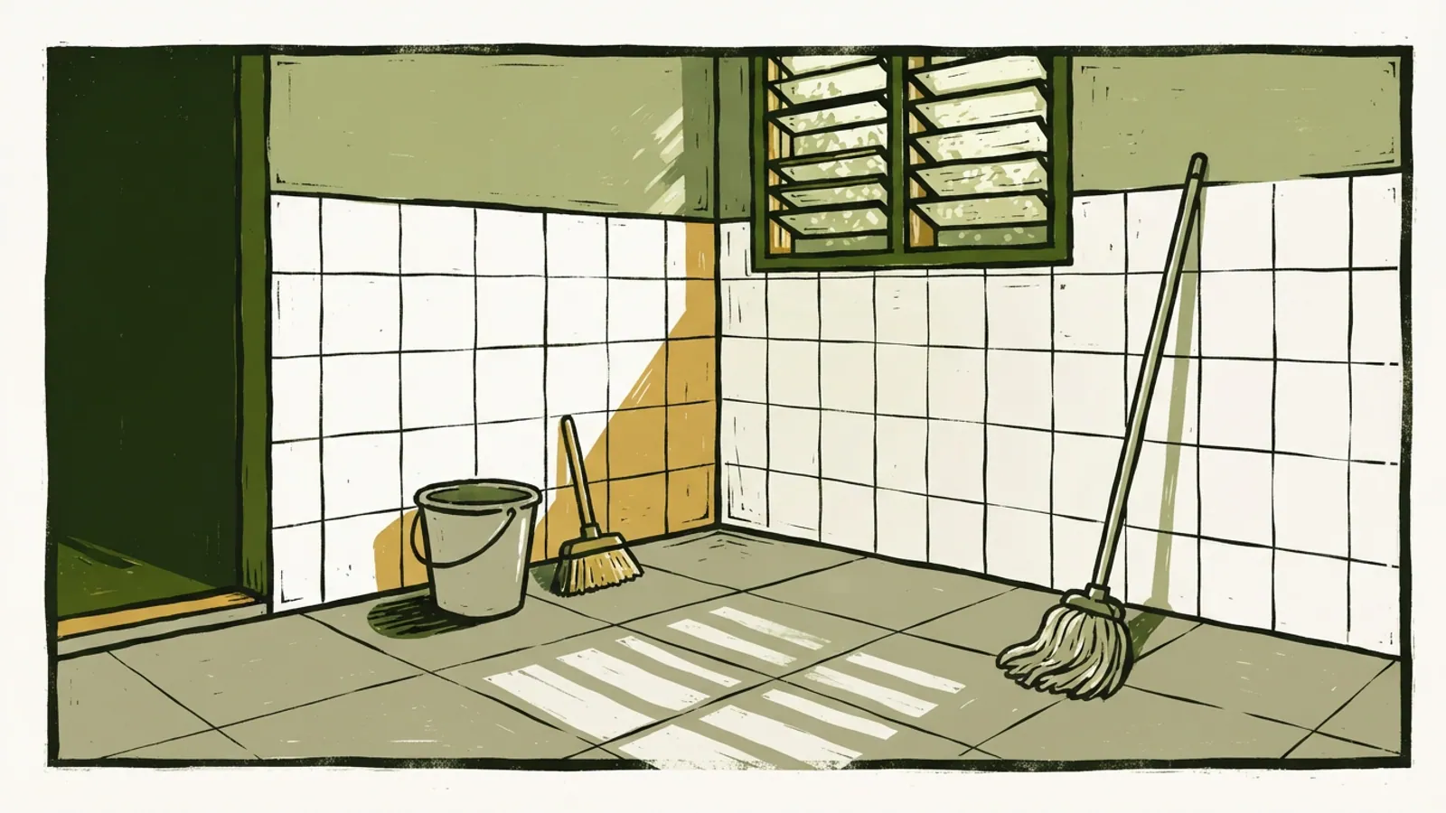 An empty HDB service yard with a mop, bucket, and broom by a louvered window.
