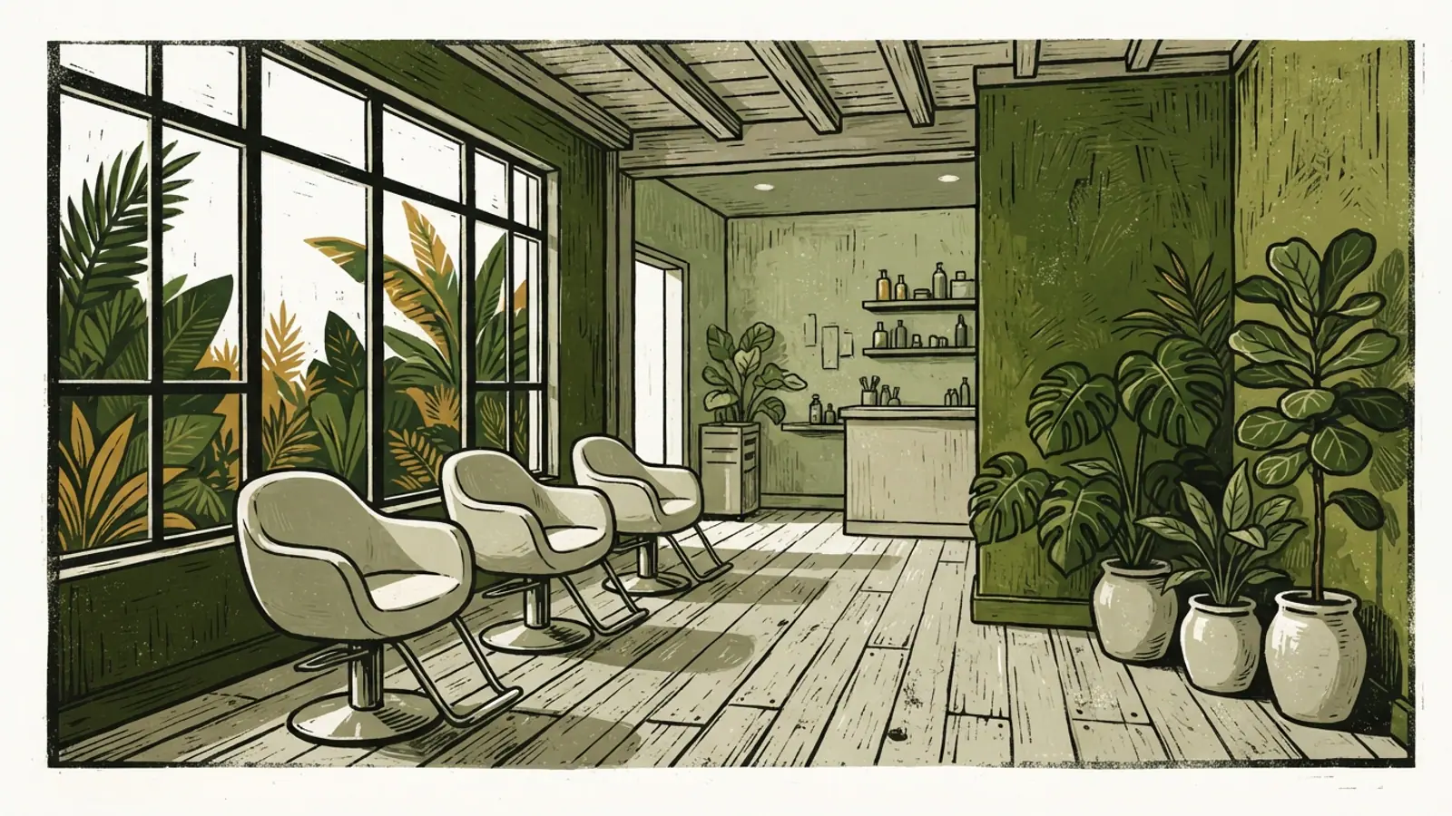 An empty shophouse salon with three chairs and tropical plants in humid light.