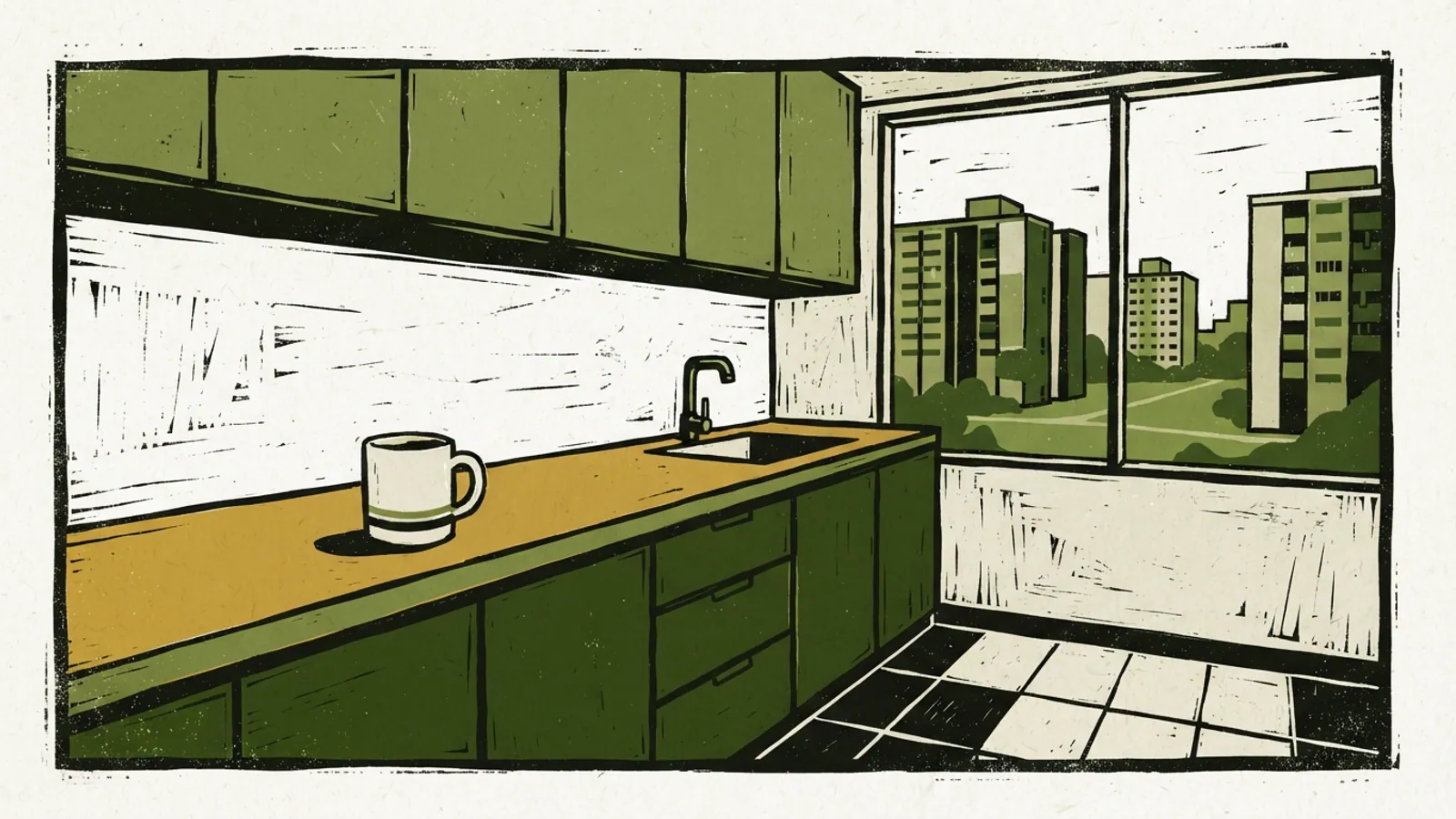 A cutaway view of an empty kitchen with cabinets, a sink, and a ceramic mug on the counter.