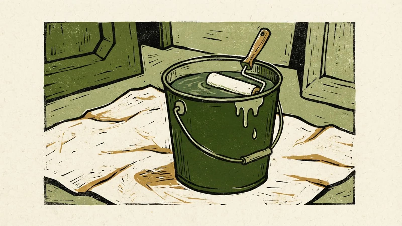 A bucket of green paint with a paint roller soaking in it, resting on a drop cloth.