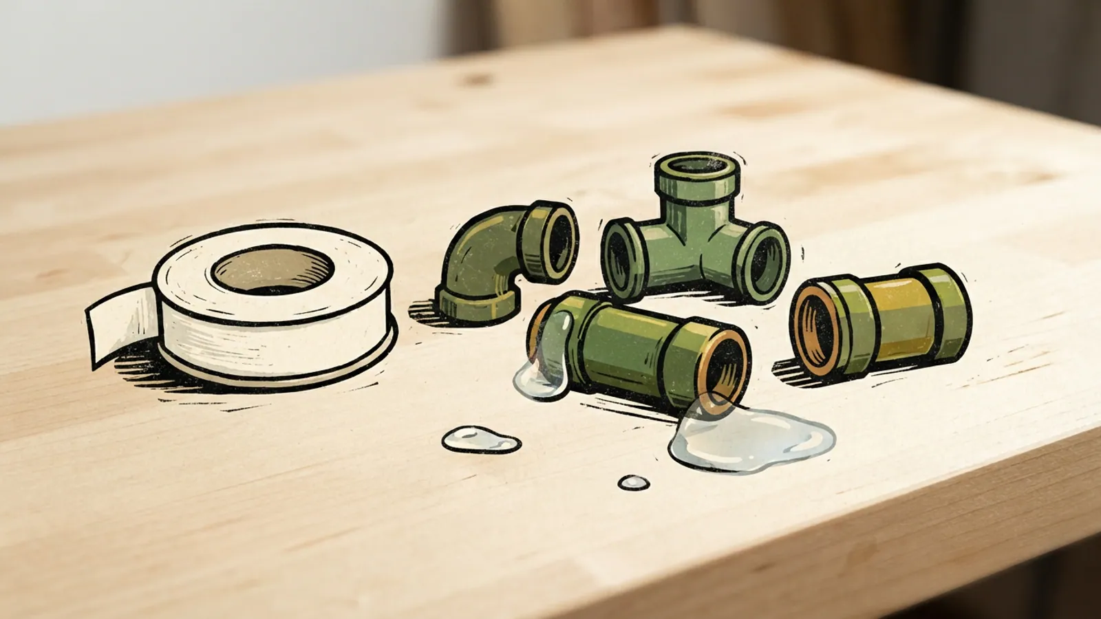 A roll of sealant tape and pipe connectors on a clean workbench.