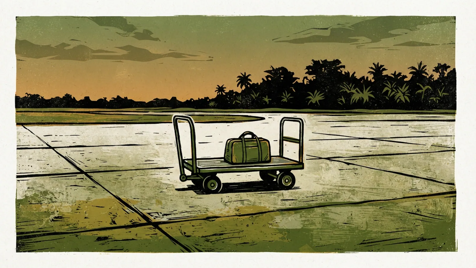 A luggage cart with a plain travel bag on an empty tarmac at dawn.