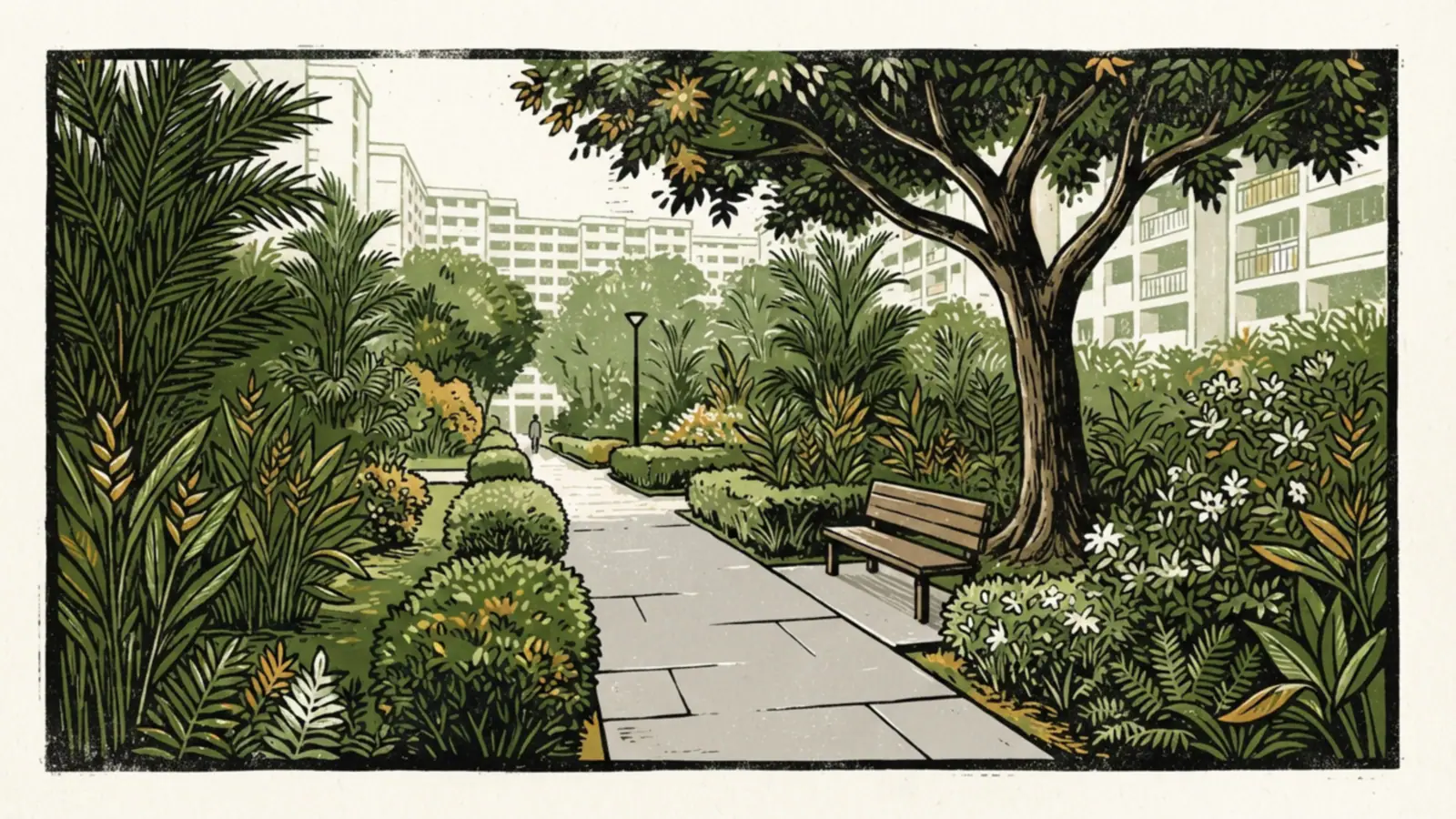 A well-kept HDB common garden with paved paths and trimmed tropical shrubs.