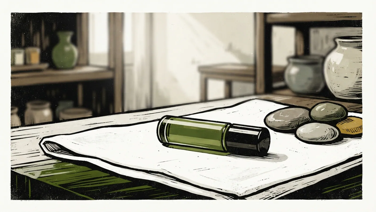 A glass roller bottle and smooth river stones on a white linen cloth.