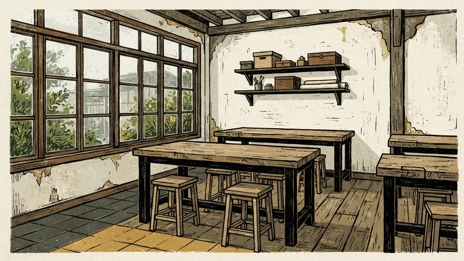 An empty shophouse studio with wooden workbenches and stools under humid light.