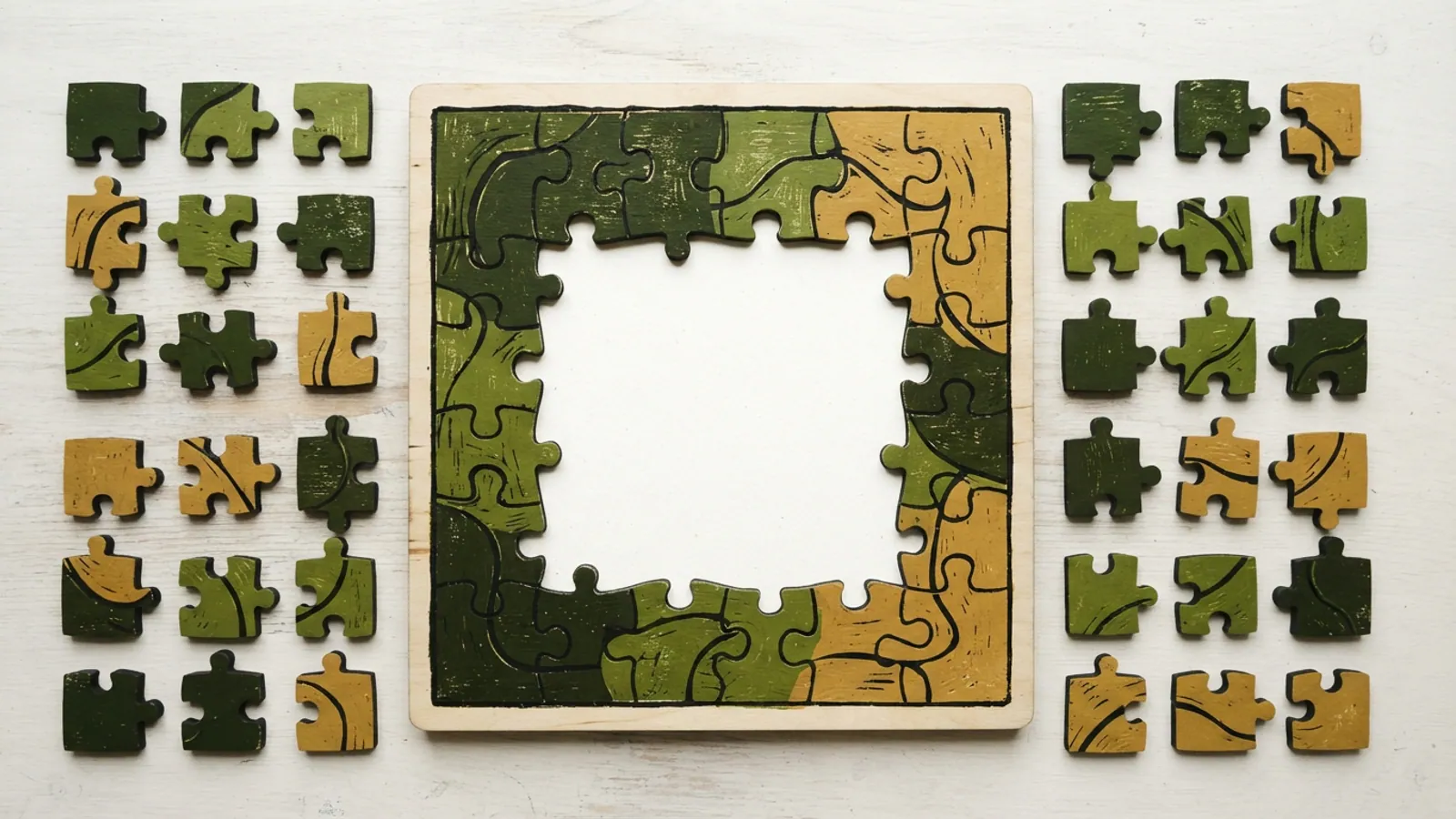 An overhead flat lay of a large wooden jigsaw puzzle with patterned pieces arranged around an empty central space.