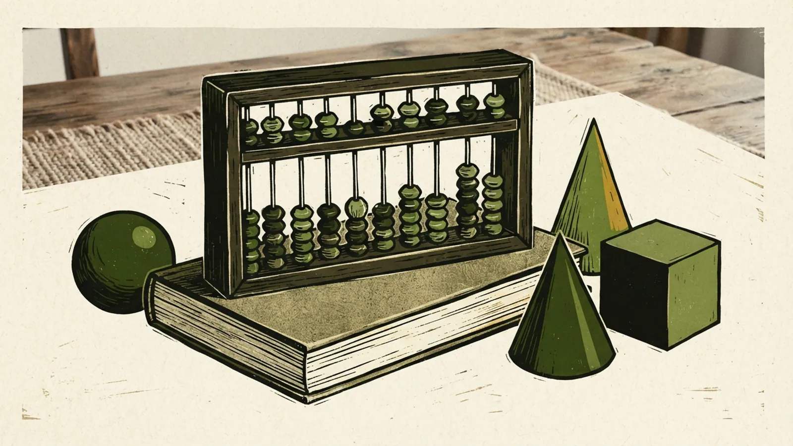 A wooden abacus on a closed book, surrounded by geometric solids on a light table.