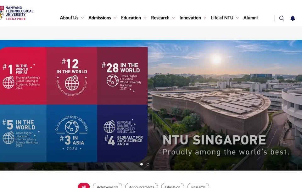 Nanyang Technological University website homepage, 4 Oct 2026